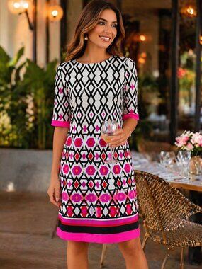Eliza J Geometric Print Dress | Pink & Black Shift | Size 6